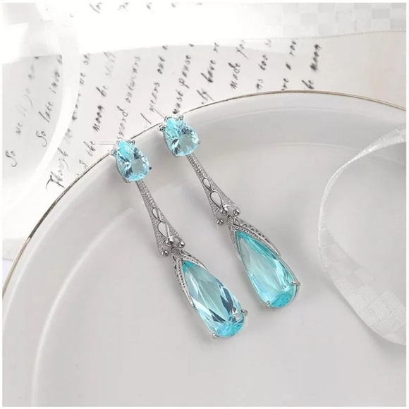 ♡Trendy Water Drop Blue CZ Stone Dangle Earrings♡ - Picture 3 of 6